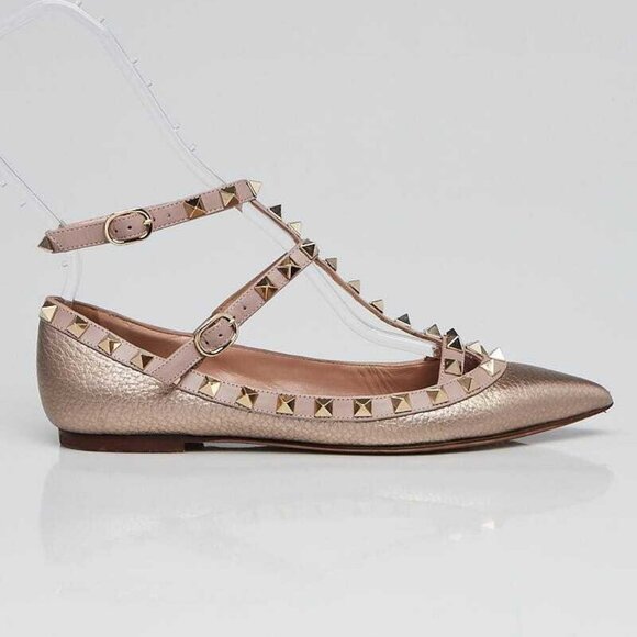 Valentino Metallic Pink Leather Rockstud T-Strap Flats Size 4.5/35 - Picture 3 of 5